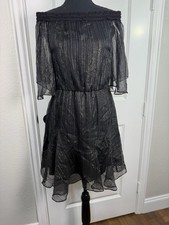 Halston Heritage Black & Gold Metallic Striped Off-The-Shoulder Mini Dress 