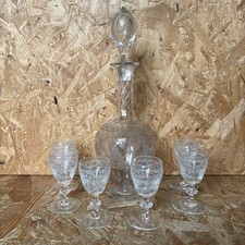 Antique Etched Glass Decanter & 6 Liqueur Sherry Port Cordial Glasses