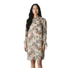 Express Beige Pink Green High Neck Floral Mandarin Collar Chiffon Dress Large