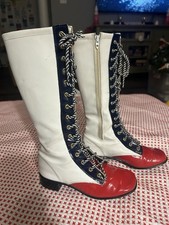 Rare 1960  s GO GO BOOTS Child Girl Carol Evans. RED, WHITE  BLUE. Size 11.5.