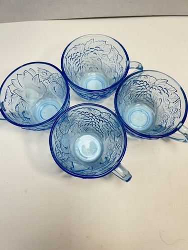 VTG KIG Indonesia Ice Blue Glass Tea Cups Set of 4 Fruit Images Textured - Picture 4 of 7