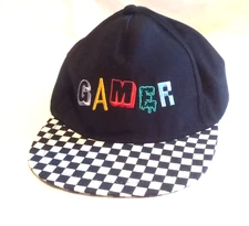 NWOT Black GAMER Baseball Cap Adjustable Snap-back Checkerboard Brim Adult/Teen