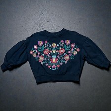 Womens Black Cropped Sweatshirt Floral Embroidered Heart MISSING TAGS Sz S/M