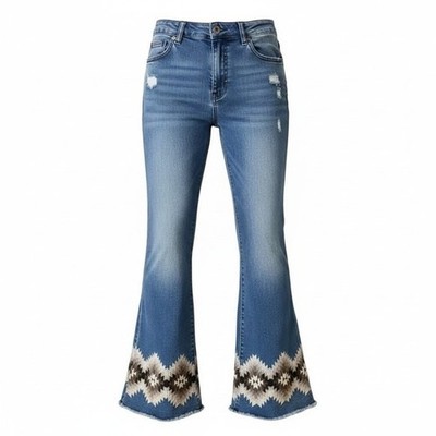 Southwestern Embroidered Flare Jeans Medium Wash Distressed Bell Bottoms 30W