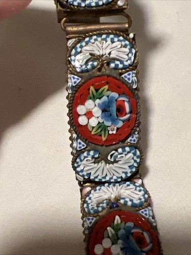 Italian Art Glass Micro Mosaic Link Bracelet Blue White Floral 7.5" - Picture 7 of 13
