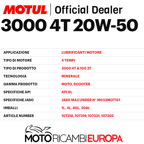 4 Litri Olio Motore MOTUL 3000 20W50 Minerale API SL/SG/SH/SJ MA2 Harley DAVIDSO - Imagen 2 de 6