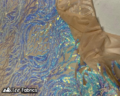 Iridescent Baby Blue On Nude 4 Way Stretch Mesh Sequin Fabric By Yard Lace - Picture 5 of 10