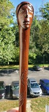 ANTIQUE FOLK ART HAND CARVED FACE SNAKE WOOD CANE WALKING STICK