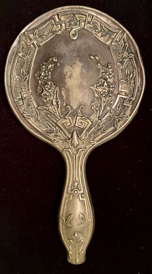 Antique VICTORIAN SILVER PLATE HAND MIRROR-Greek Key/Floral Pattern-9.5''
