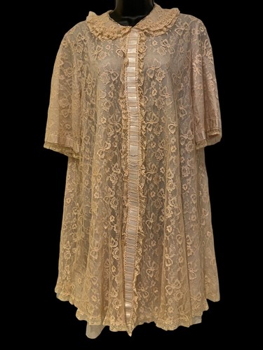 Odette Barsa Womens Duster M Pink Ecru Lace Overlay Ruffle Ribbon VINTAGE 40’s - Picture 2 of 9