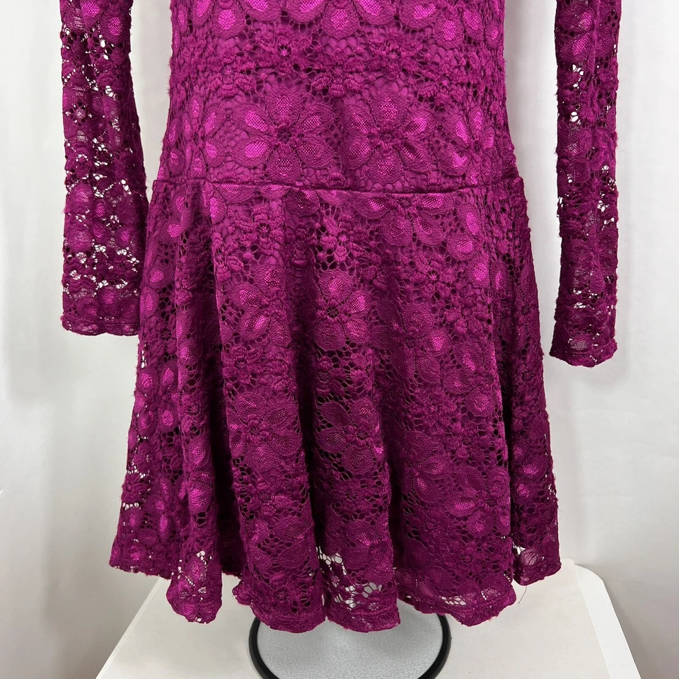 Vestido Ella Moss Niña Juvenil Talla 14 Manga Larga Magenta Encaje Hasta la Rodilla Línea A Foto 3 de 4