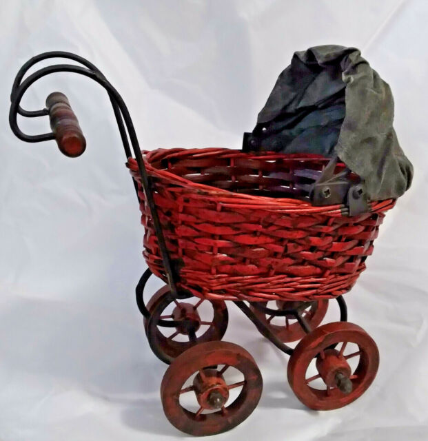 VINTAGE Small Wicker & Wood Baby Buggy w/Attached Pillow Inside.