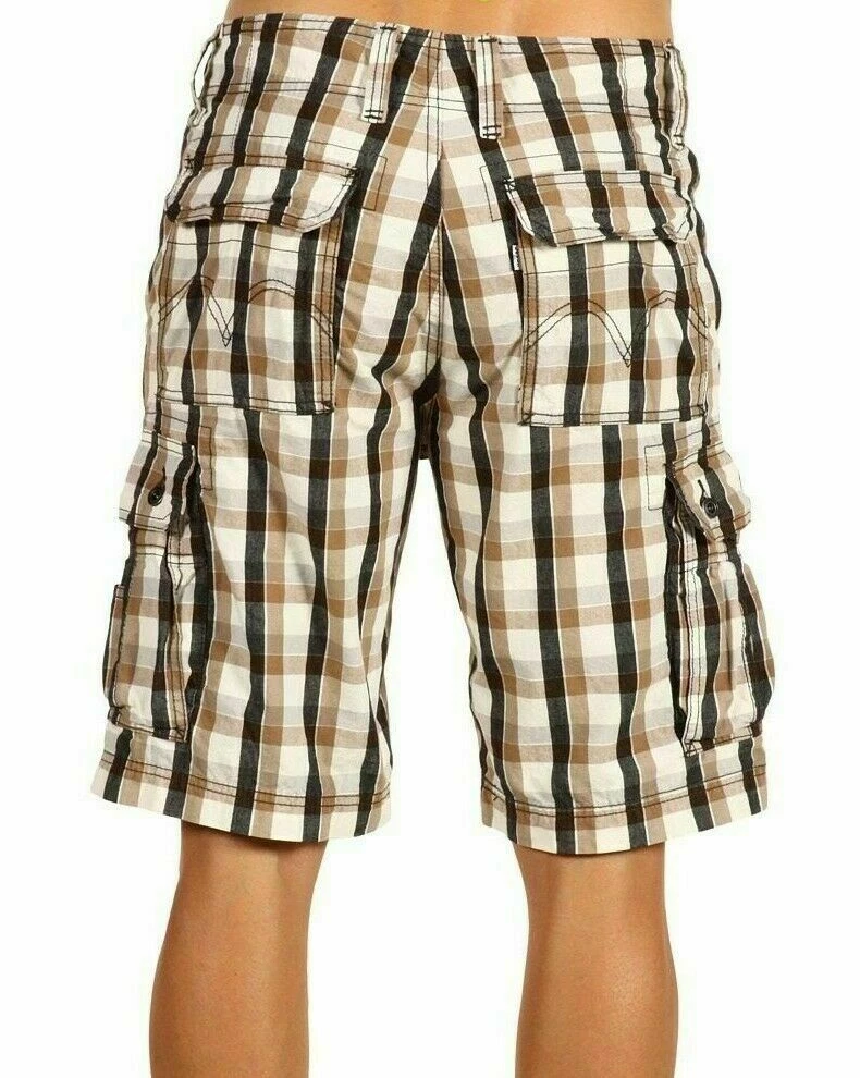 LEVI'S PLAID RELAXED FIT CARGO SHORTS - Men's 32 (brown/black -100% cotton) NWT