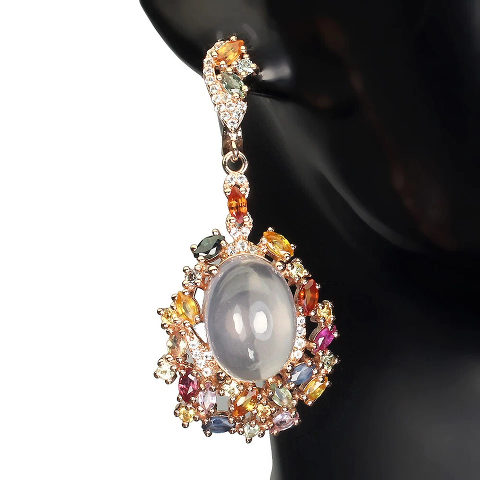 Pendientes de plata de ley 925 redondos zafiro cuarzo rosa 14x10 mm topacio piedras preciosas Foto 2 de 4