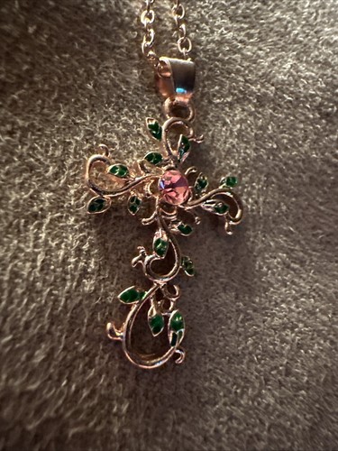 Green Leaves On A Pretty Gold Cross With Pink Stone Pendant Necklace - Picture 5 of 6