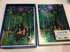 8 Happy Holidays MERRY Christmas Cards & Envelopes unicef religious black foil