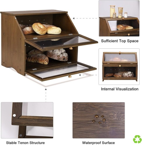 Double Layer Bamboo Bread Box Large Capacity Kitchen Storage Bin Freshness Saver - Picture 7 of 8