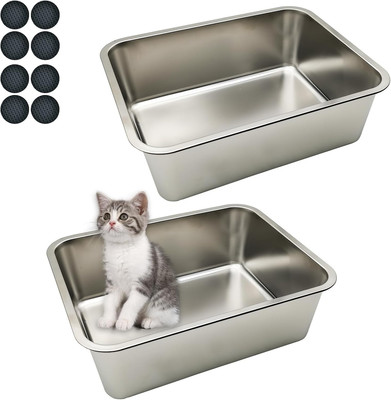 2PCS Stainless Steel Cat Litter Box 17.7'' X 13.8'' X 5.9'' Pet Large Metal Cat Lit