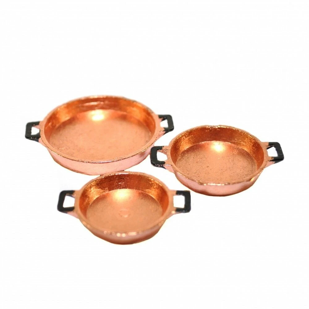 Dolls House Flat Pans Copper x 3 Kitchen Accessory Miniature 1:12th Scale
