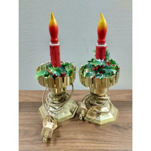 Vintage Red Candle Lamps Gold Plastic Base Holly Set of 2 Christmas Lighting - Picture 1 of 6