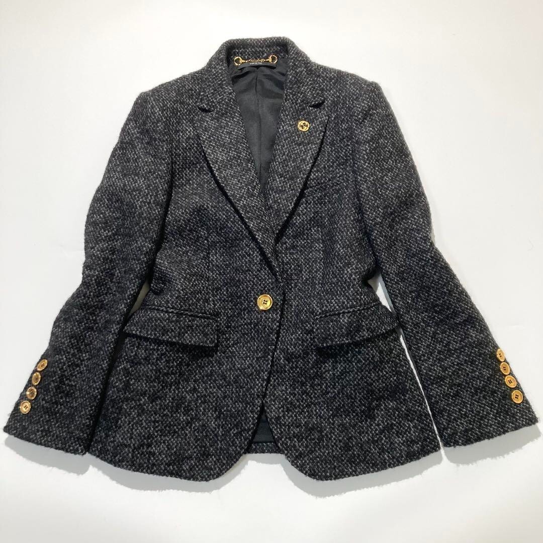 GUCCI Black Tweed Skirt and Suit Set Womens With Gold Buttons Size