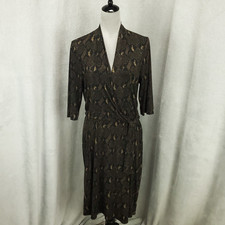 Tahari Dress Womens Large Black Brown Snake Print Faux Wrap V Neck Stretch