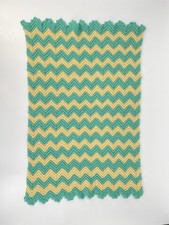 Handmade Crochet Baby Blanket Chevron Ripple Mint Green Yellow Scalloped Edges