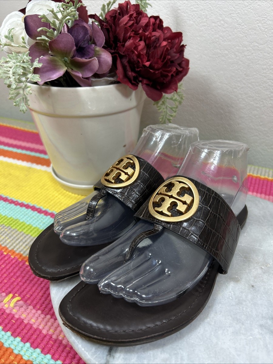 Tory Burch Benton Gold Band Flat Flip Flop Calf Leather Sandals