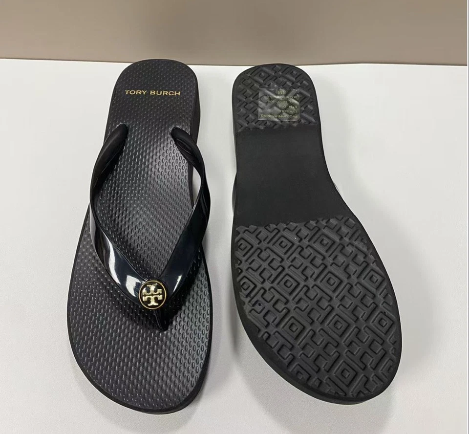 Tory Burch Women's Black Wedge Heel Flip Flops Beach Slippers - Image 4 of 4