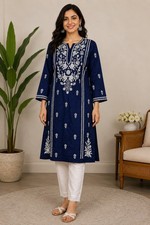 Pakistani Indian Navy Blue White Embroidered Kurta Tunic Women Traditional 2