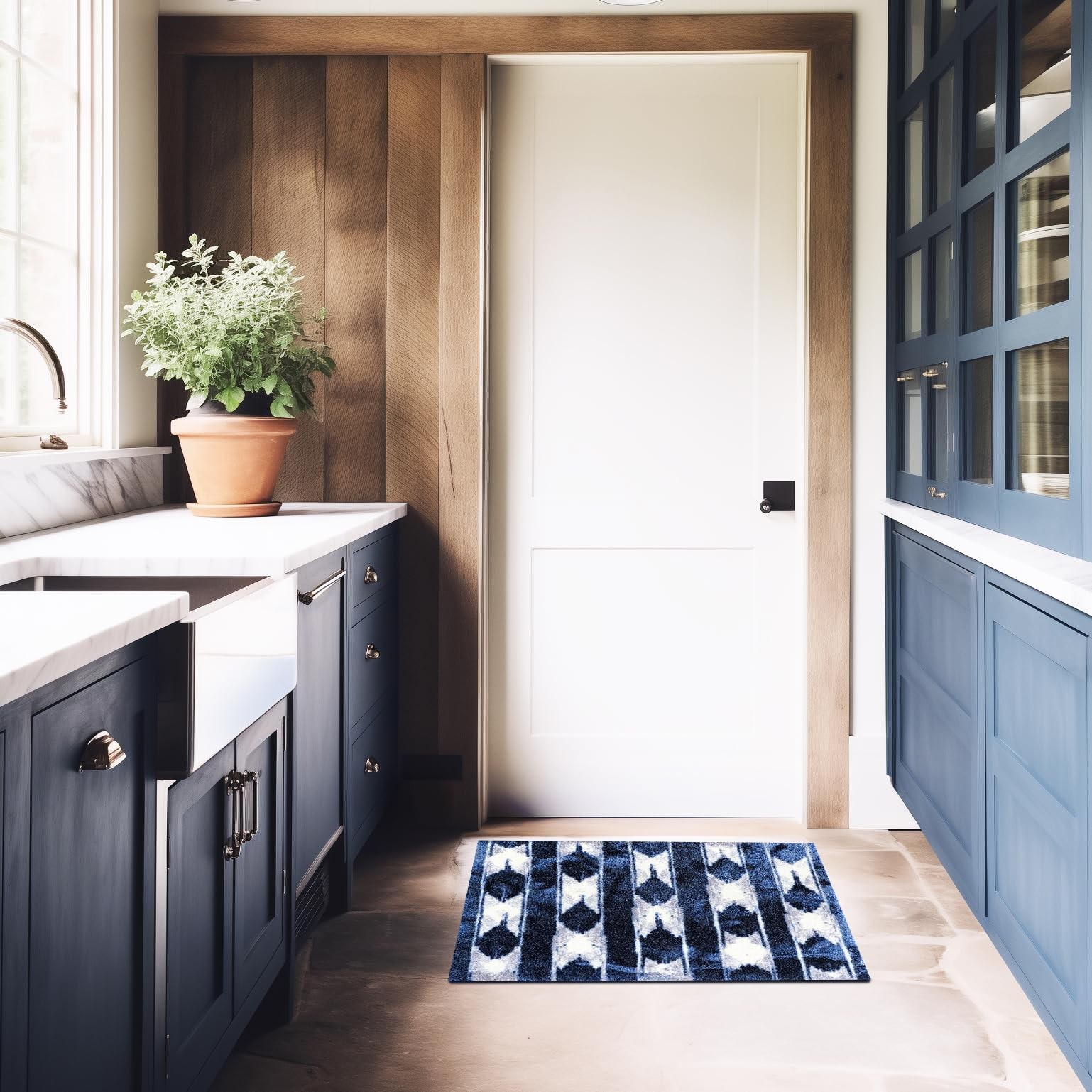 Indigo Ikat Rubber-Backed Small Rug for Entryway Kitchen Bathroom