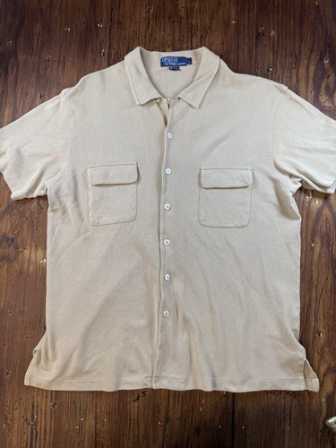 Vintage Polo Ralph Lauren Shirt Men Large Camp Loop Collar Flap Pocket Mesh Tan