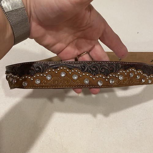 TONY LAMA - Women's Belt - BROWN Hand Tooled Leather RHINE STONES - Size 40” - Picture 6 of 8