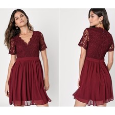 Lulus Angel in Disguise Burgundy Lace Skater Dress V-Neck Short Sleeve Size S