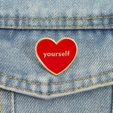 Love Yourself Enamel Pins Red Heart Brooches Lapel Badges Cartoon Self Care Awar