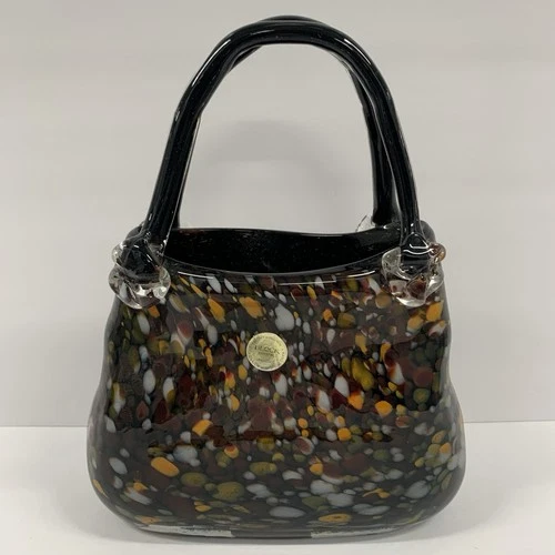 Vintage Murano Style Hand Blown Glass Purse Handle Planter Black 11" tall Vase