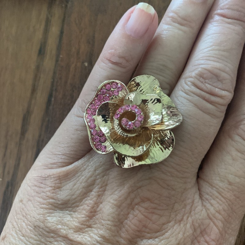 Flower Rhinestone Statement Ring Gold Tone Pink Rose Adjustable