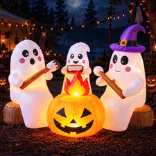 7.5 FT Halloween Inflatables 3 Cute Ghosts Roasting Marshmallows by Campfire, Bu
