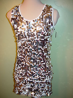 Stars Dance wear dress tunic top white w/ large silver sequins size Medium
