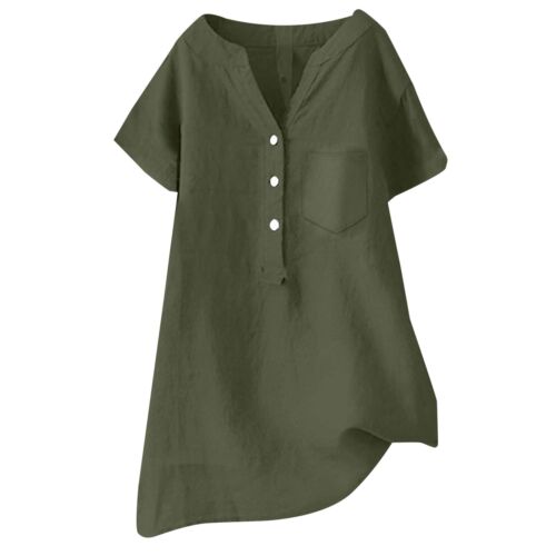 Summer Womens Linen Blouse Beach V Neck Button Down Top Tunic Loose Shirt - Picture 9 of 60