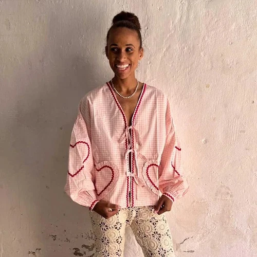 Hearts Pink Long Sleeves Blouse Fashion Casual Top - Picture 4 of 18