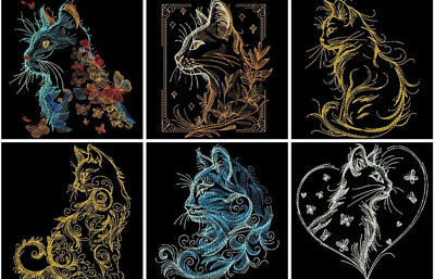 FELINE CAT KITTEN ELEGANCE EMBROIDERED  10 QUILT BLOCKS Beautiful Set **