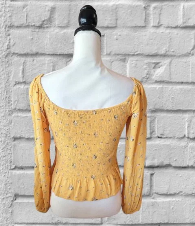 Hollister Yellow Floral Smocked Long Sleeve Crop Top in Size Large eBay