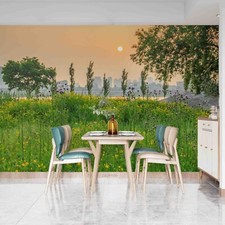 Murales de papel tapiz extraíbles autoadhesivos paisaje atardecer campo de flores 3D
