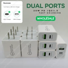 Dual Ports PD USB A & USB Type C Plug Fast Charger Brick For iPhone Samsung Lot
