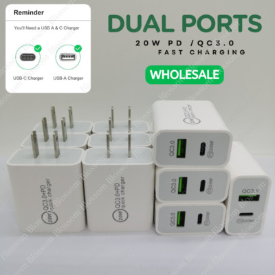 Dual Ports PD USB A & USB Type C Plug Fast Charger Brick For iPhone Samsung Lot