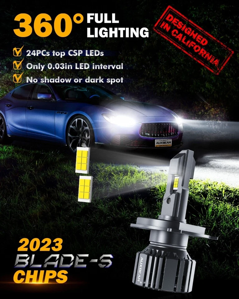 AUXBEAM H4 9003 LED Headlight Hi-Lo Beam Bulbs 6000K Super Bright Xenon White - Image 4 of 4