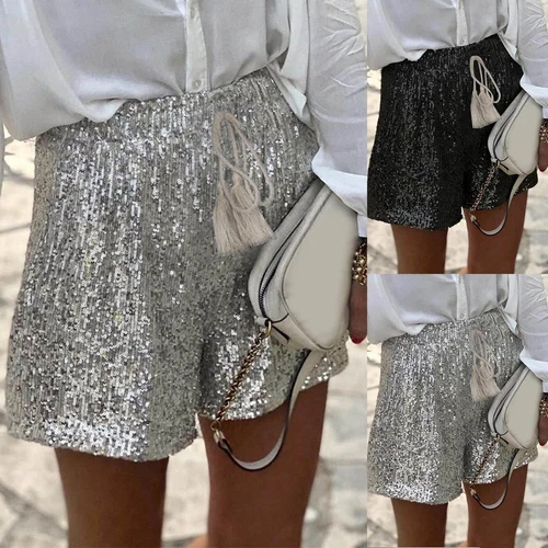 New Women Summer Sequin Shorts High Waist Casual Loose A Line Hot Pants Sparkly - Picture 1 of 20
