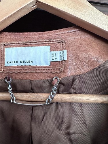 Karen Millen Brown Leather Cropped Biker Style Jacket Size 6 Used - Picture 4 of 8