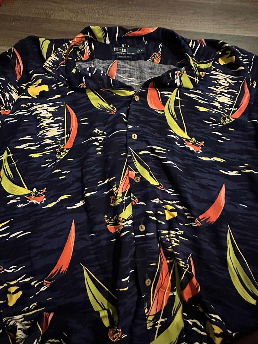 Polo Ralph Lauren Shirt Blue Sailboat Hawaiian Classic Fit 100